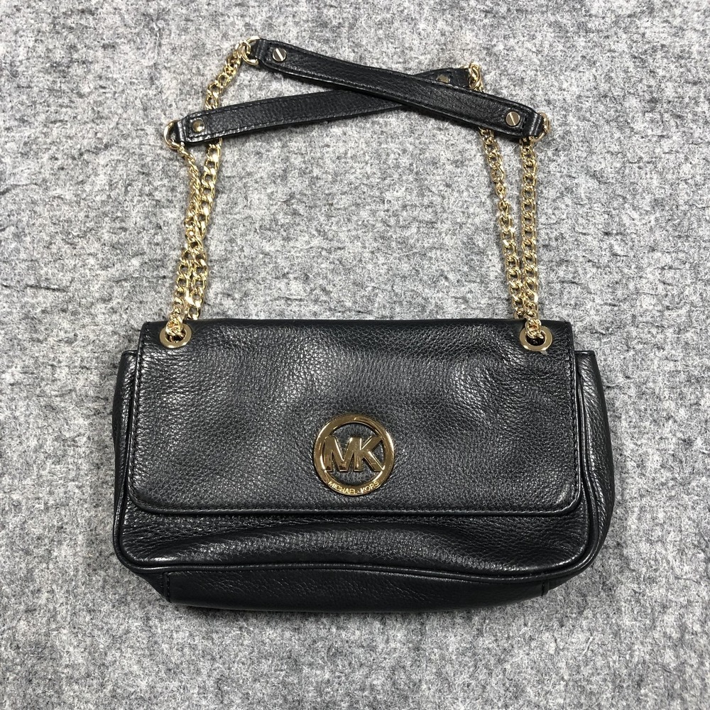 Michael Kors Shoulder Bag Womens Small Black Leather Chain Strap MK Logo Purse